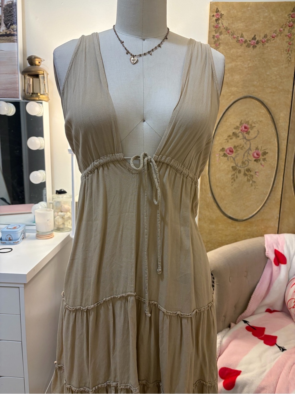 Raviya Beige Tiered Maxi Dress with Drawstring Waist